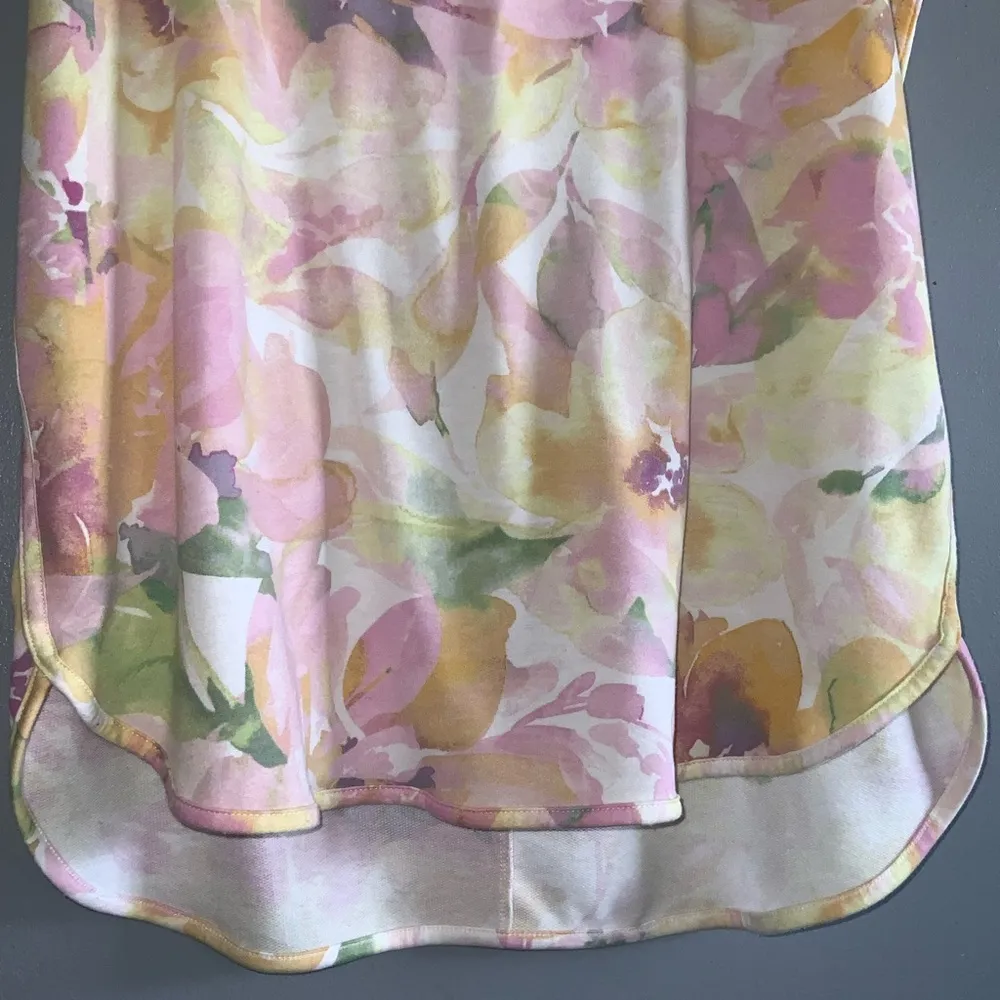 Cupio Pink and Yellow Floral Short Sleeve Round Neck Stretch Knit Tunic Top XL - Image 7