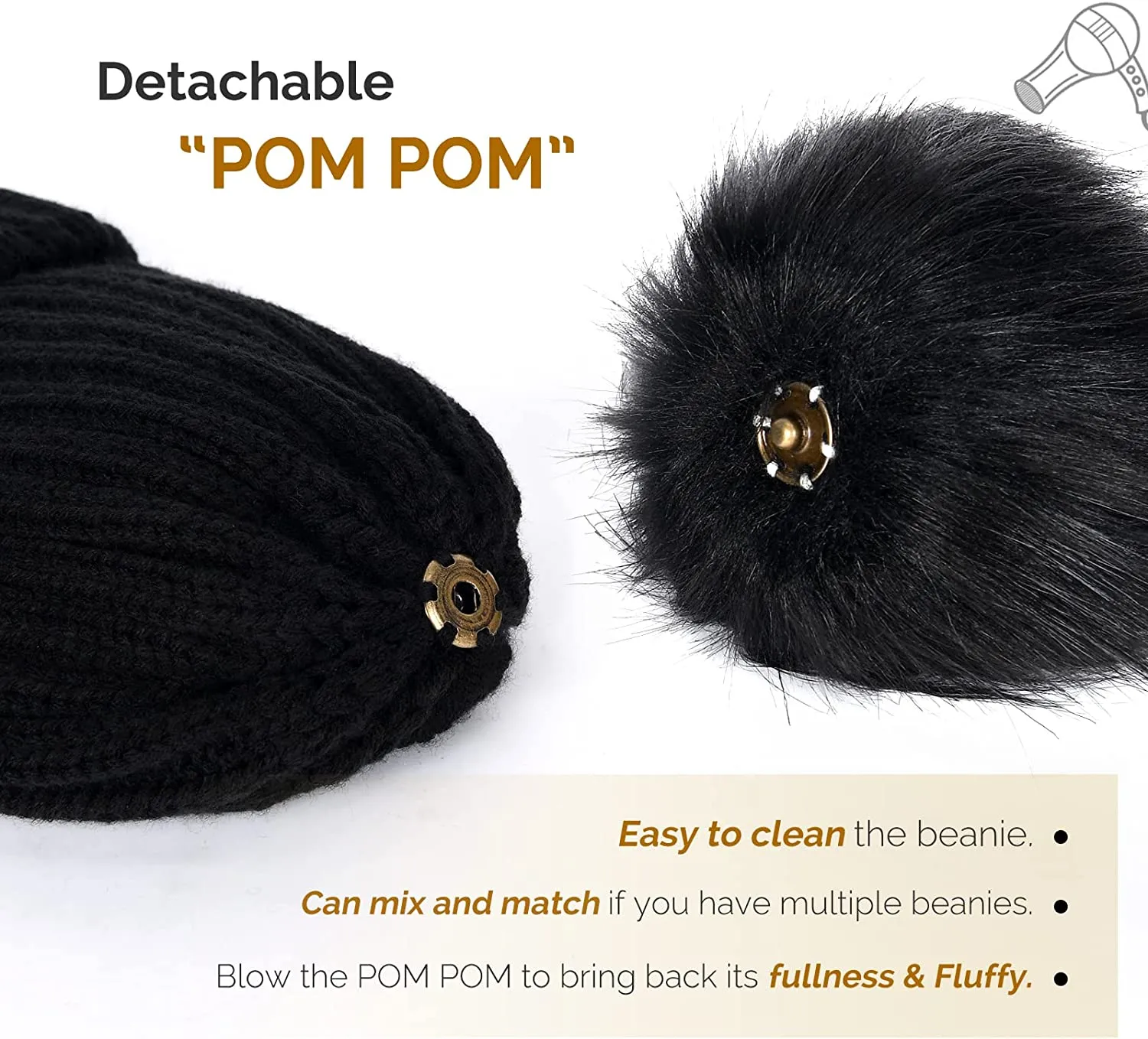 Womens Winter Knitted Beanie Hat with Faux Fur Pom Warm Knit Skull Cap Beanie for Women - Image 3