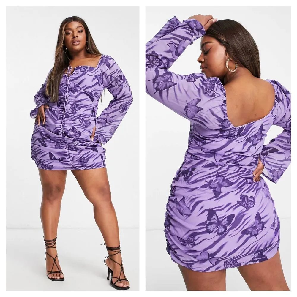 NWT ASOS Design Keyhole Purple Butterfly Print Mini Dress Size 10 Buttons Y2K - Image 13