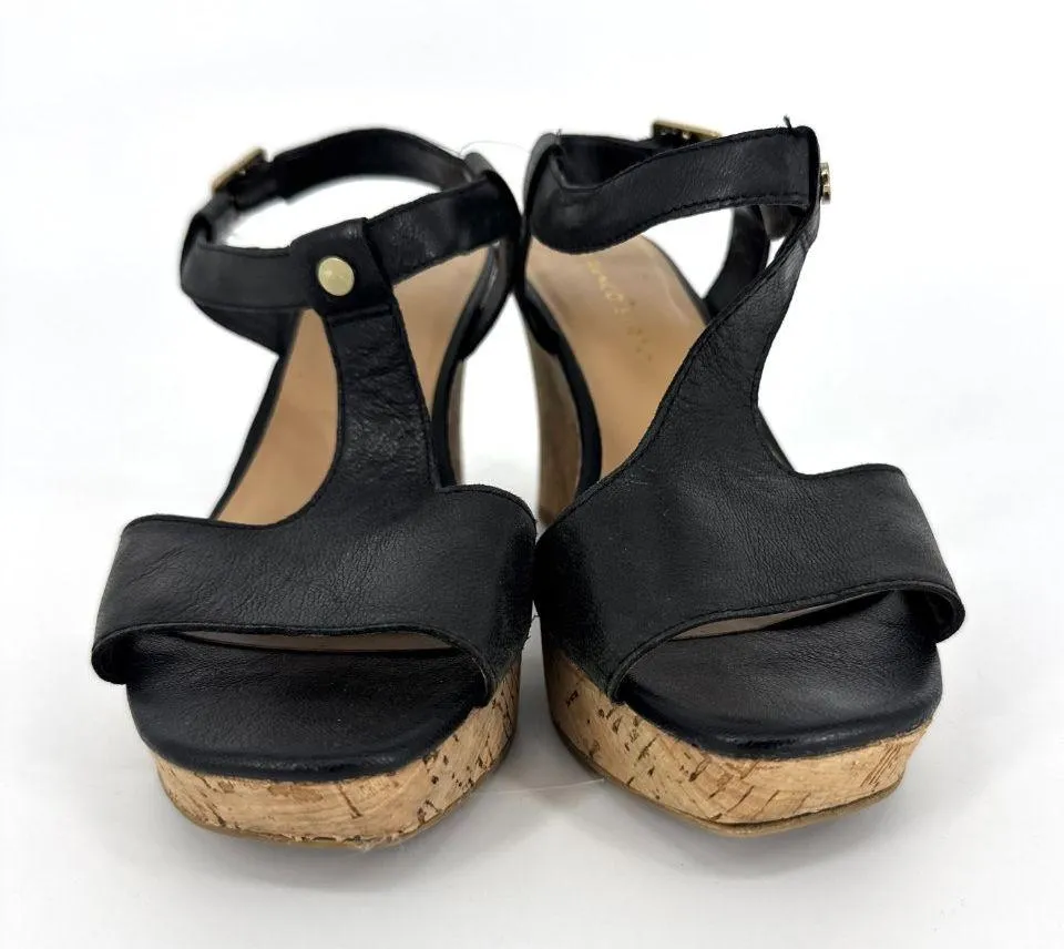 Franco Sarto Corridor Leather T-Strap Cork Wedge Sandals Black Size 7.5 - Image 3