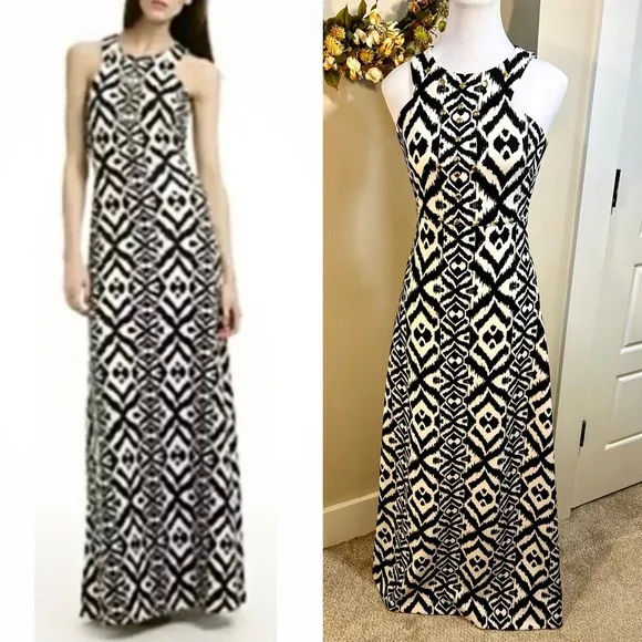 BELLE BADGLEY MISCHKA Ikat Studded Sheath Black/Ivory Maxi Dress Sz 2 - Image 2