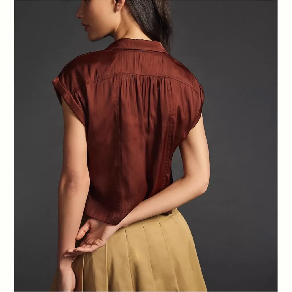 ANTHROPOLOGIE Brown Silky Cropped Collared Henley Top PXS - Image 3