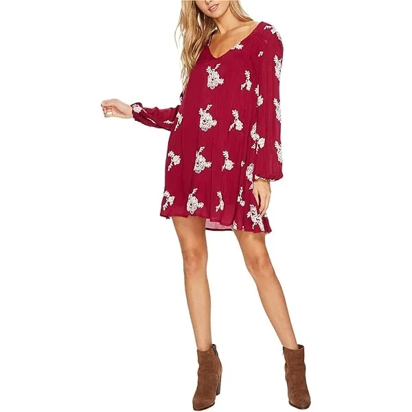 FREE PEOPLE Emma Embroidered Mini Swing Open Back Dress Boho in Magenta Size S - Image 3