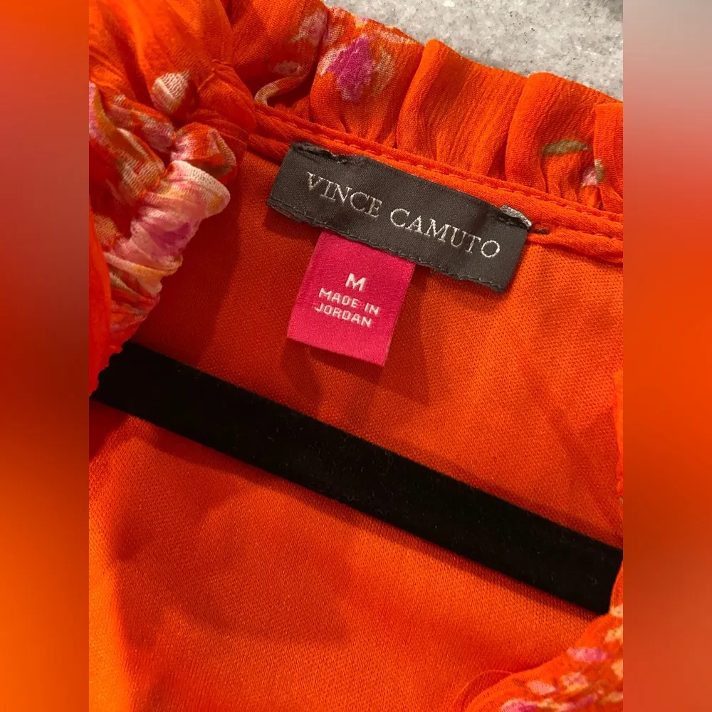NWT Vince Camuto Size M Orange Floral Ruffle Flowy Long Sleeve Sheer Mini Dress - Image 11