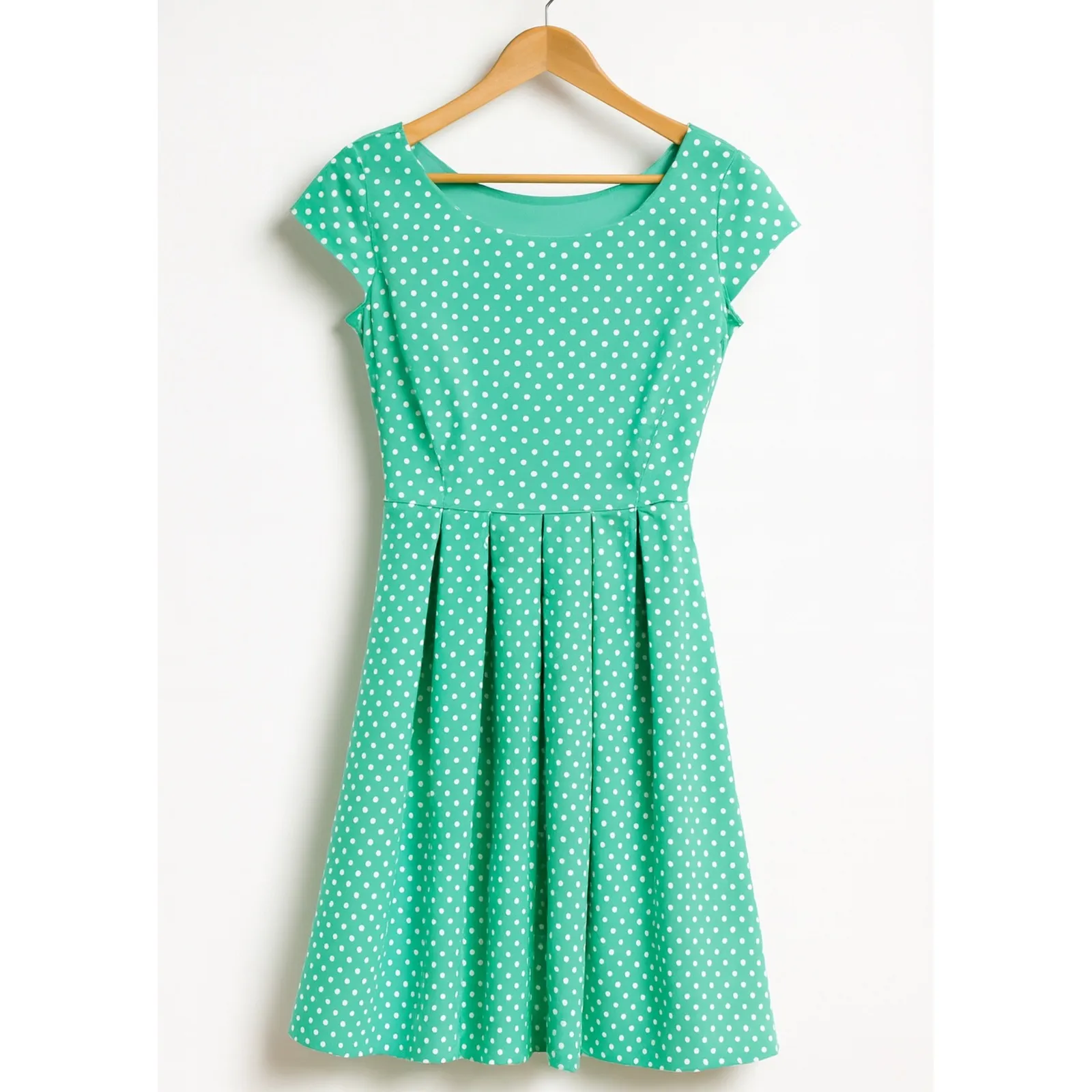 Vintage Jody California Green Polkadot Pleated Fit Flare Scoop Neck sz XS Dress - Image 2