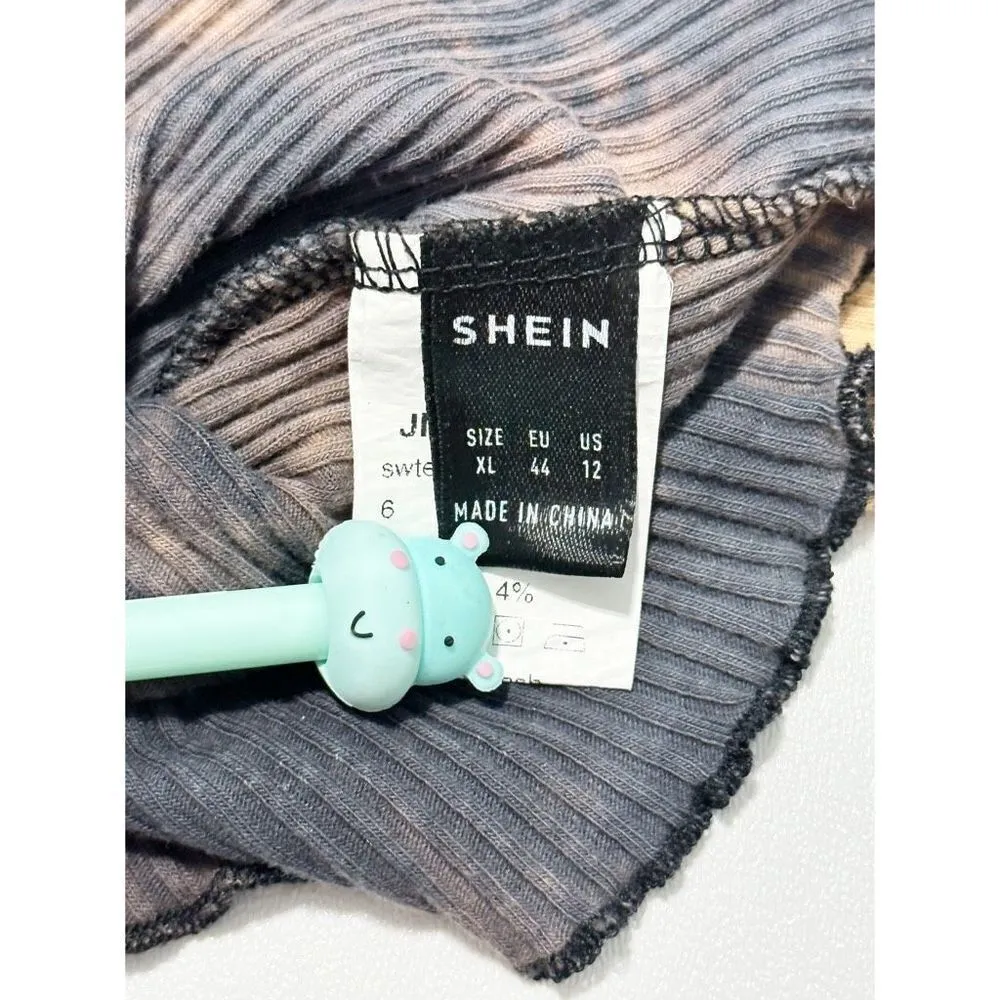 Shein Women's Ribbed Tie Dye Lettuce Trim Long Sleeve Corp Top Black Brown Sz XL - Image 3