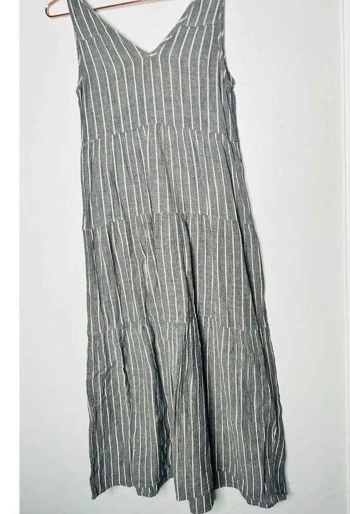 MARINE LAYER Gray White Pinstriped Ruffled V-Neck Tank Gauzy Maxi Dress Size XS - Image 3