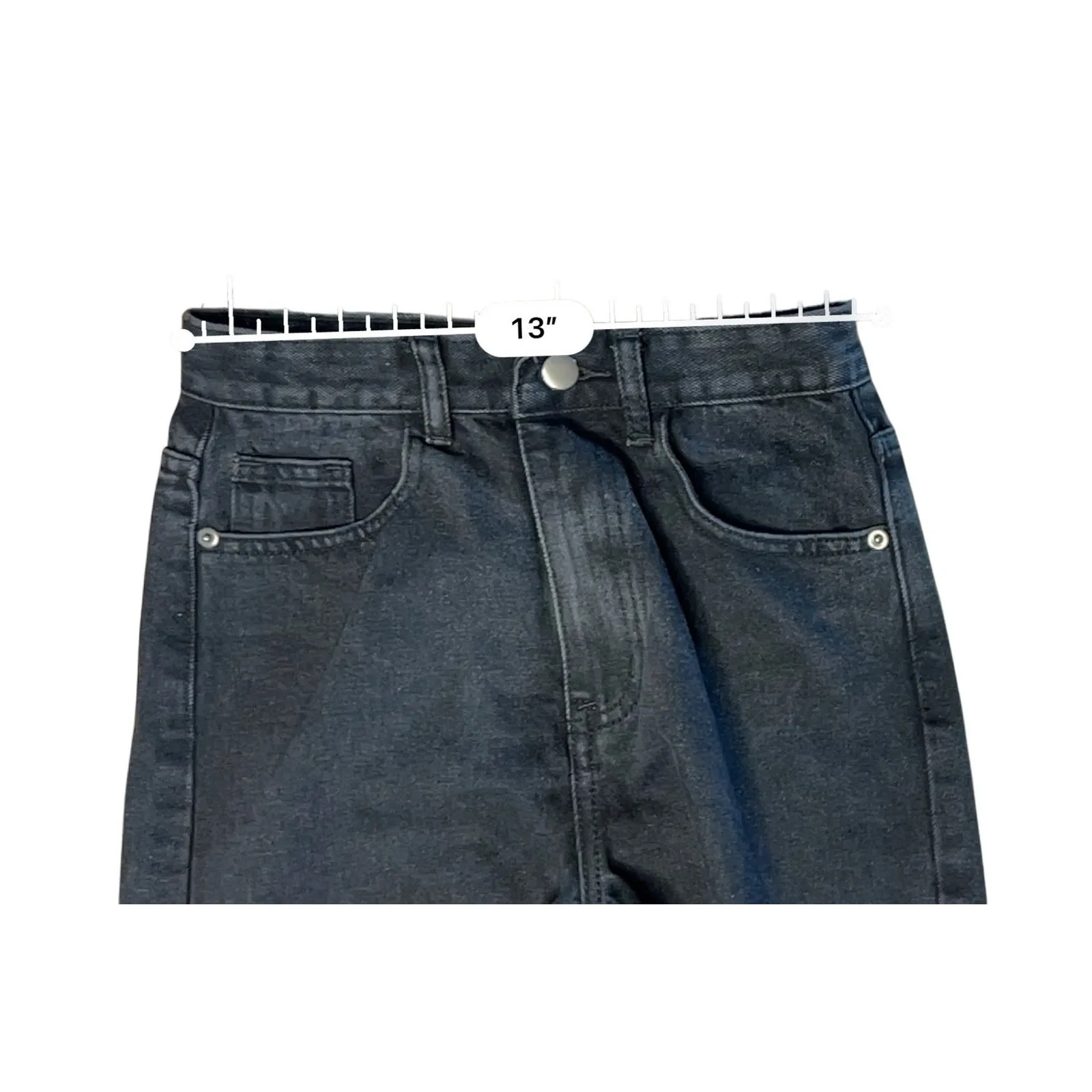 Pretty Little Thing HR Shorts sz 0 Washed Black Cut Off 6" Longline Fitted Denim - Image 3