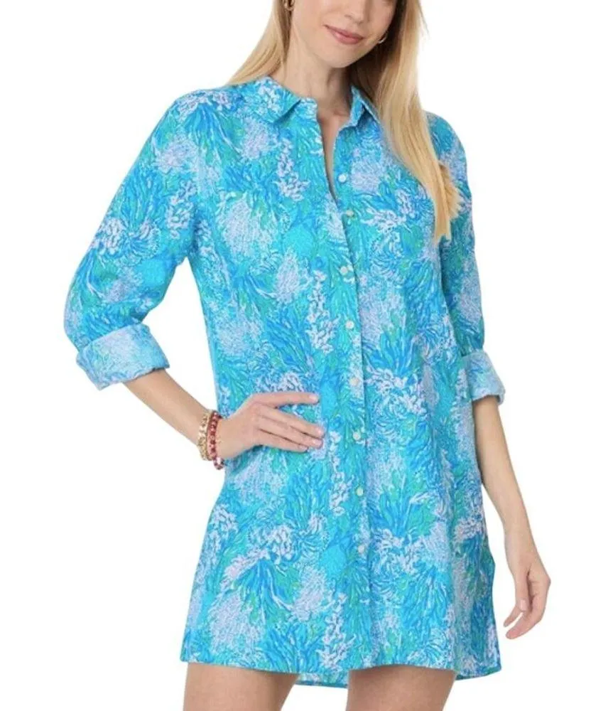 LILLY PULITZER Lagoon Linen Cover-Up Shirt Dress Women S Oversize Beach Resort - Image 2