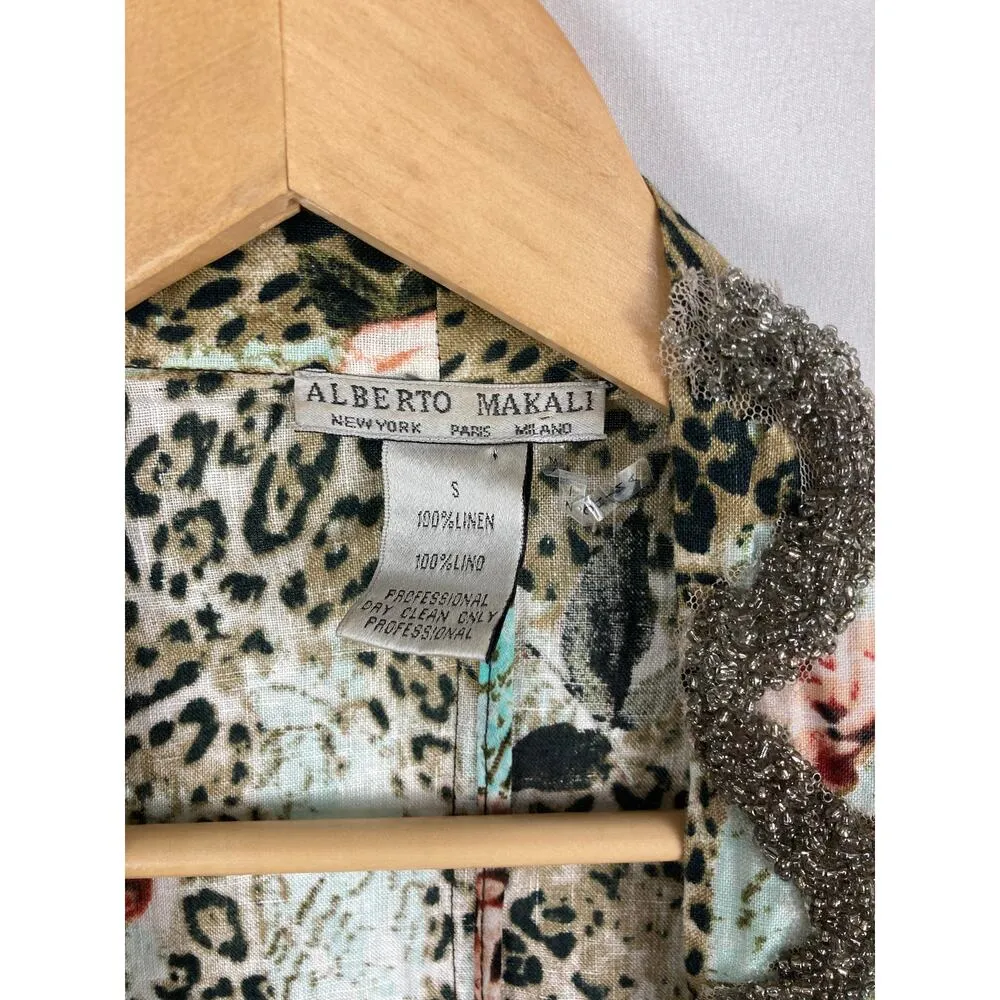 Alberto Makali Linen Beaded Floral Print Tie Front Cardigan Size Small - Image 3