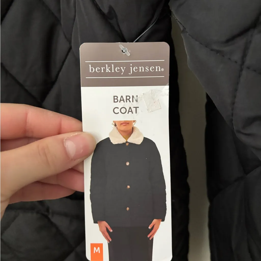 Black Quilted Puffer Button Down Barn Coat W Sherpa Collar Size M - Image 2