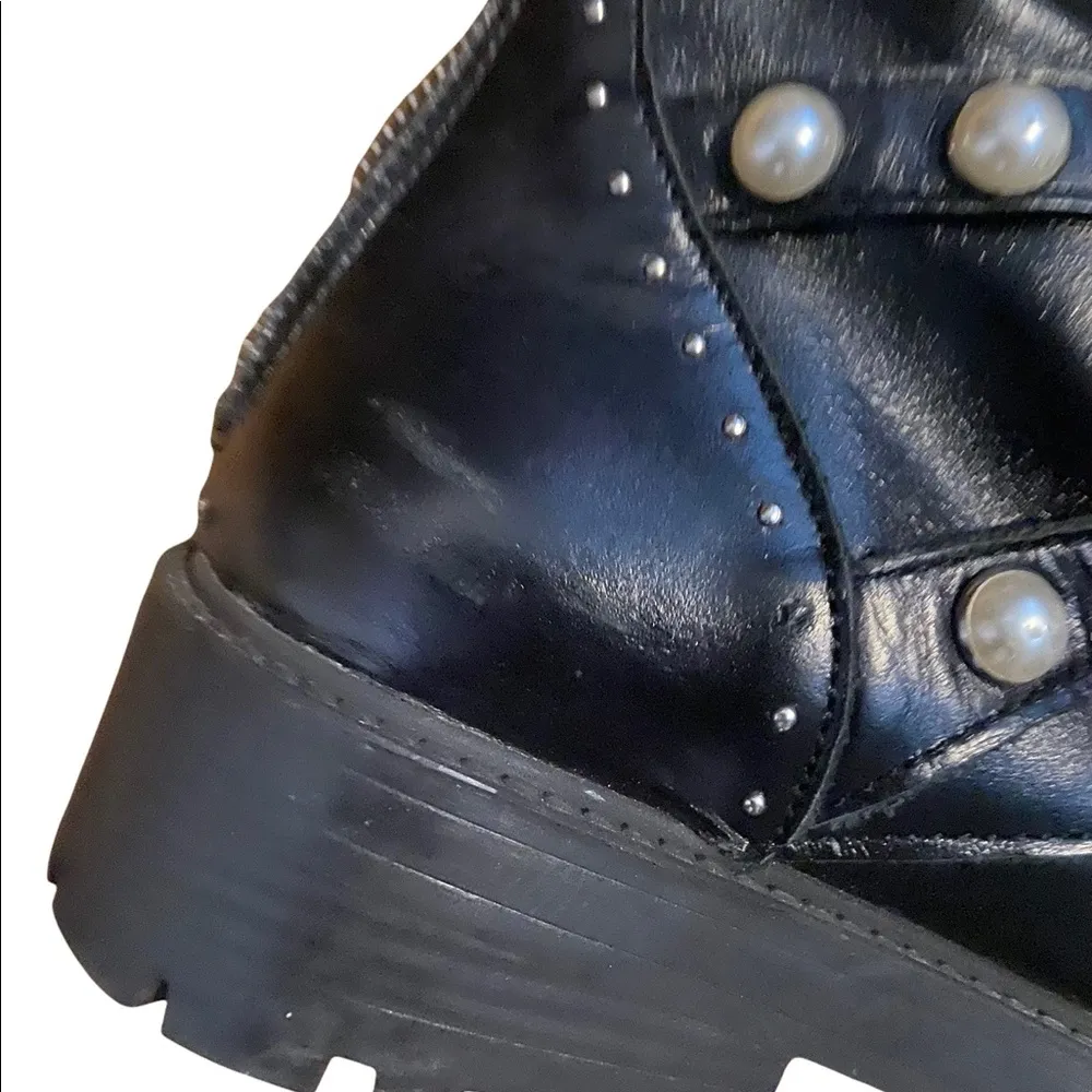 Zara Black Silver Studded Pearl Accents & Buckles Back Zip Combat Boots Size 38. - Image 7