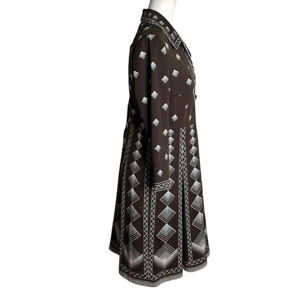 Vintage 70 Geometric Long Sleeve Collared Dress Medium Brown Pleated Zipper - Image 6