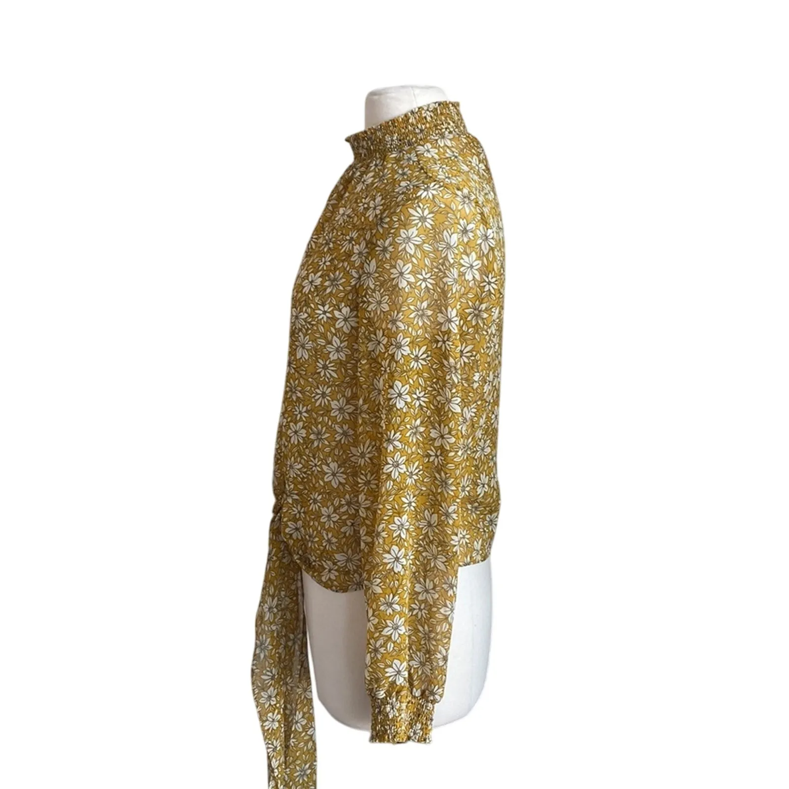 1 STATE Blouse Womens Sz Medium Yellow Floral Wrap Shirt Sheer Coquette - Image 4