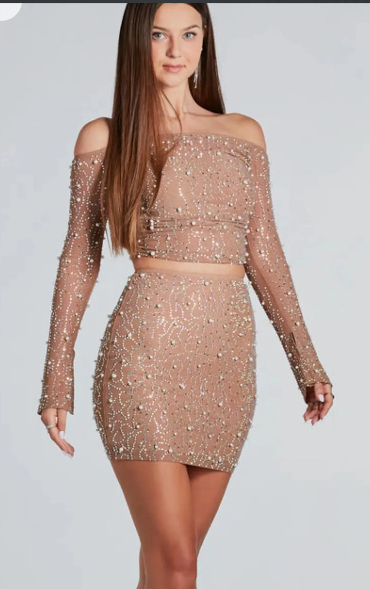 Got Bling Faux Pearl Rhinestone 2 Piece Crop Top + Skirt - Image 4