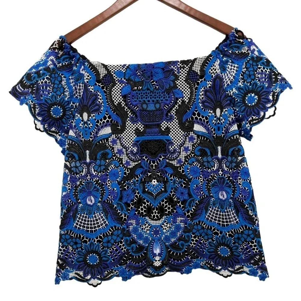 Alice + Olivia Maxie Lace Off Shoulder Embroidery Top Blouse Blue Multi Size XS - Image 5