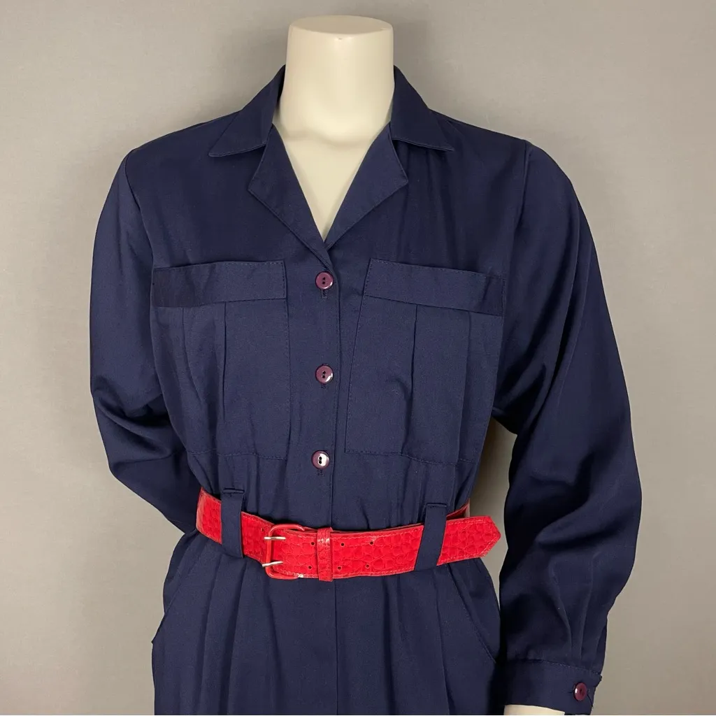Vintage Taurus II Dress‎ 1970s Navy Blue Red Belt Long Sleeves Button - Image 4
