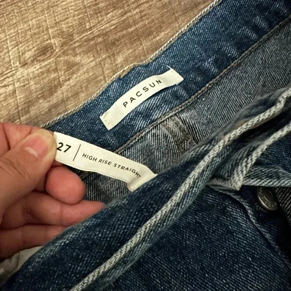 PacSun High Rise Straight Leg Jeans Button Fly Shauna Blue Raw Hem size 27 - Image 5