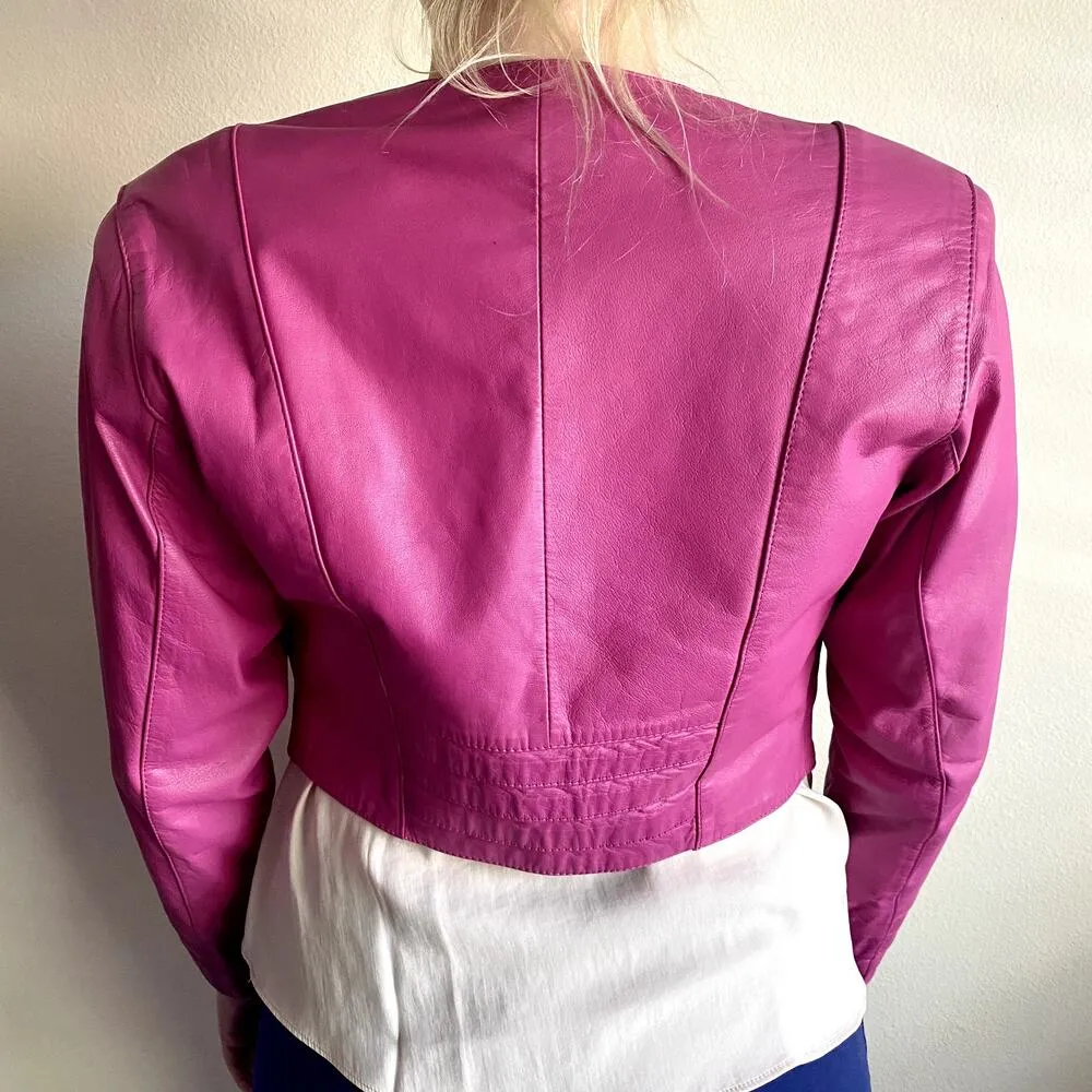 Vintage 80s Yucatan Bay Pink 2 Piece Leather Mini Skirt Jacket Matching Suit Set - Image 11