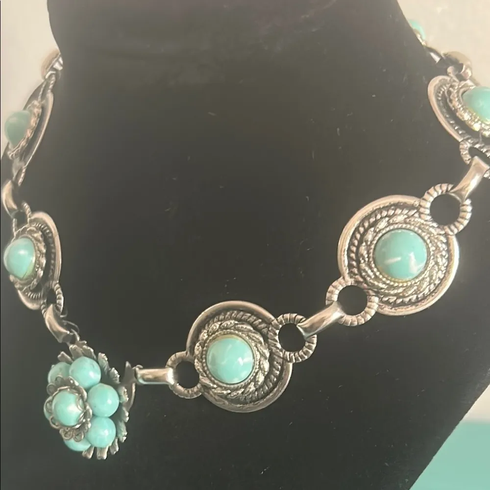 Vintage Faux Turquoise Cabochon Silver Tone Link Southwestern Choker Necklace Blue - Image 4