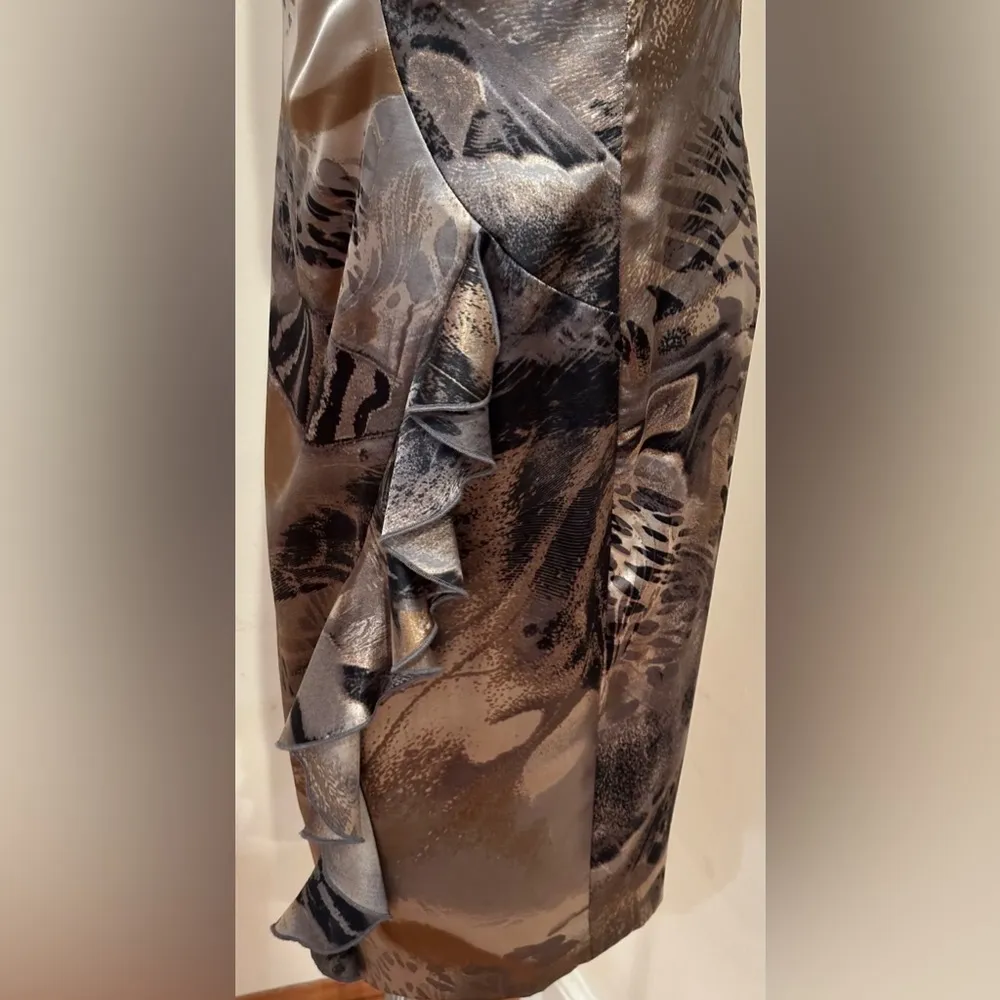 Nueva Satin Browns Gray & Black Midi Dress Ruffled Down The Side Back Sz 10 - Image 8