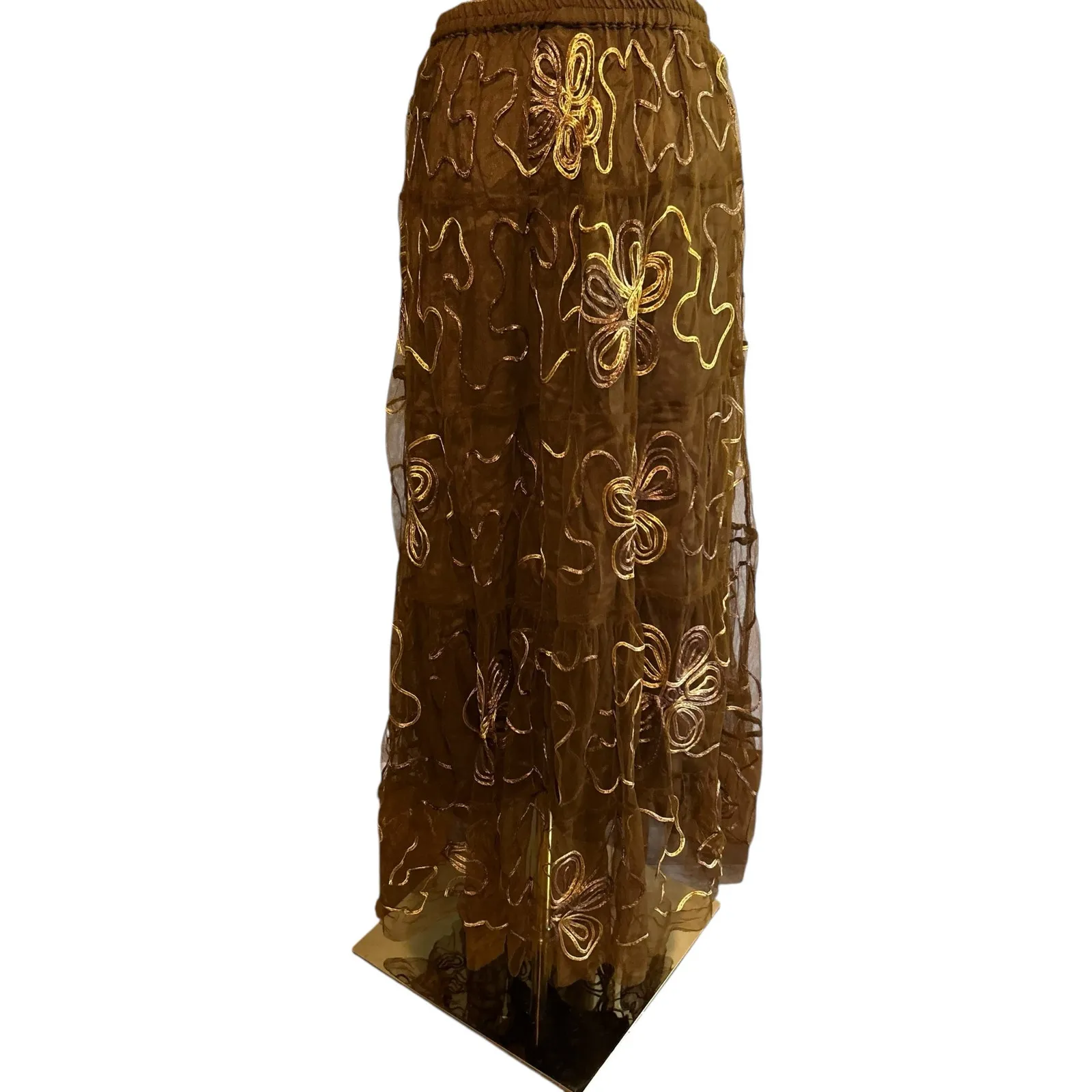 Sterling Styles Maxi Skirt Brown W/ Gold Embroidery One Size Lining Tulle Boho - Image 6