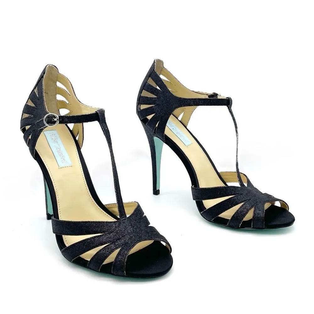 Betsey Johnson Black Glitter Mod Retro T-Strap Peep-Toe Strappy Heels Size 9 - Image 2