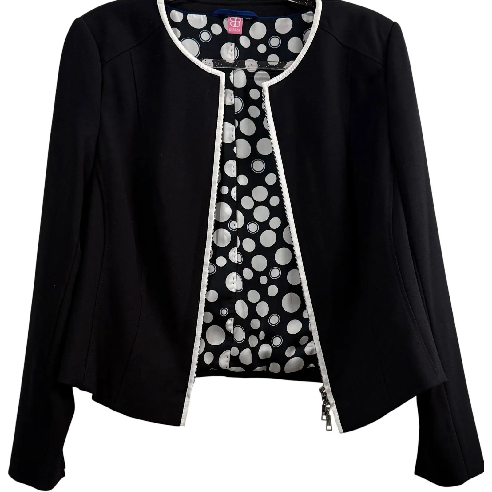 Basler Women's 40 US 10 Black / White Trim Collarless‎ Two Way Zipper Blazer - Image 2