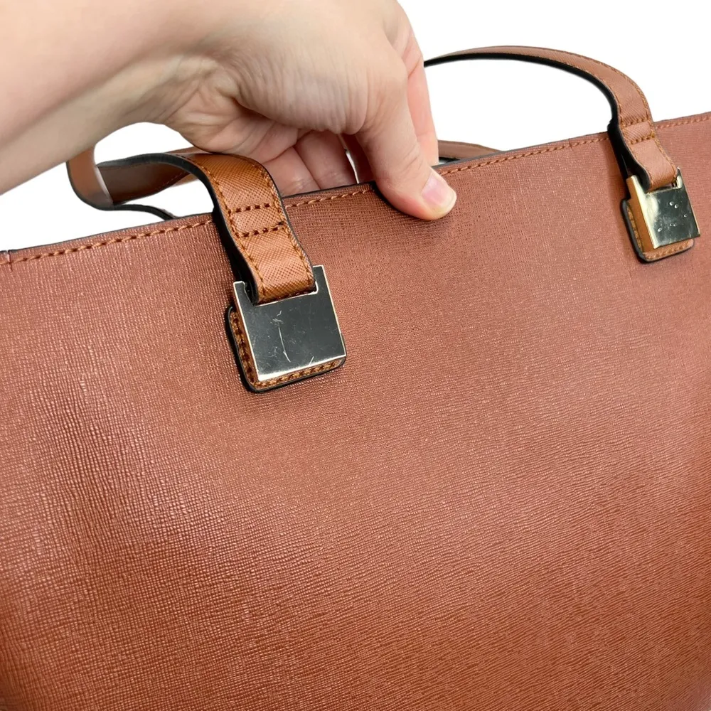 Faux Leather Brown Double Handle Red Lined Tote Bag Purse - Image 3