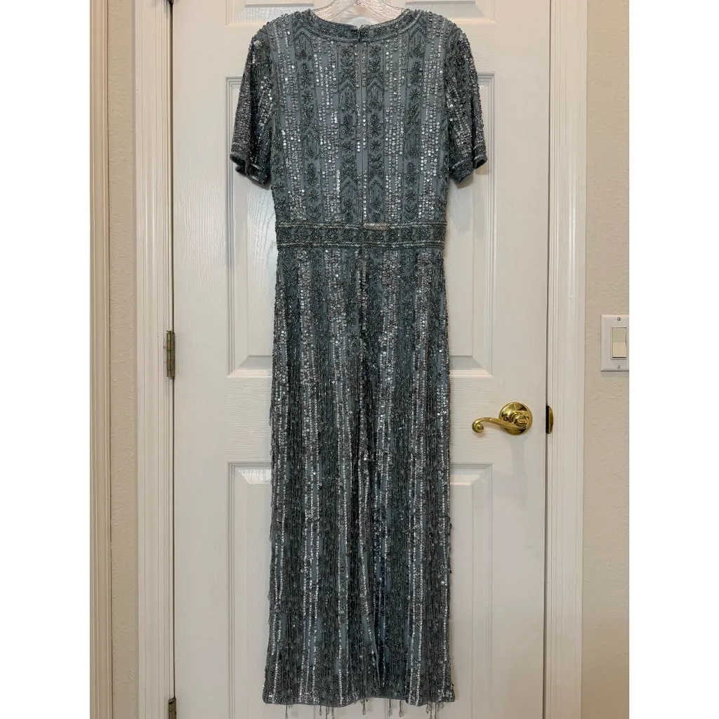 NWT Mac Duggal 5980 Blue High Neck Short Sleeve Crystal Fringe Sheath Dress Sz 8 - Image 5