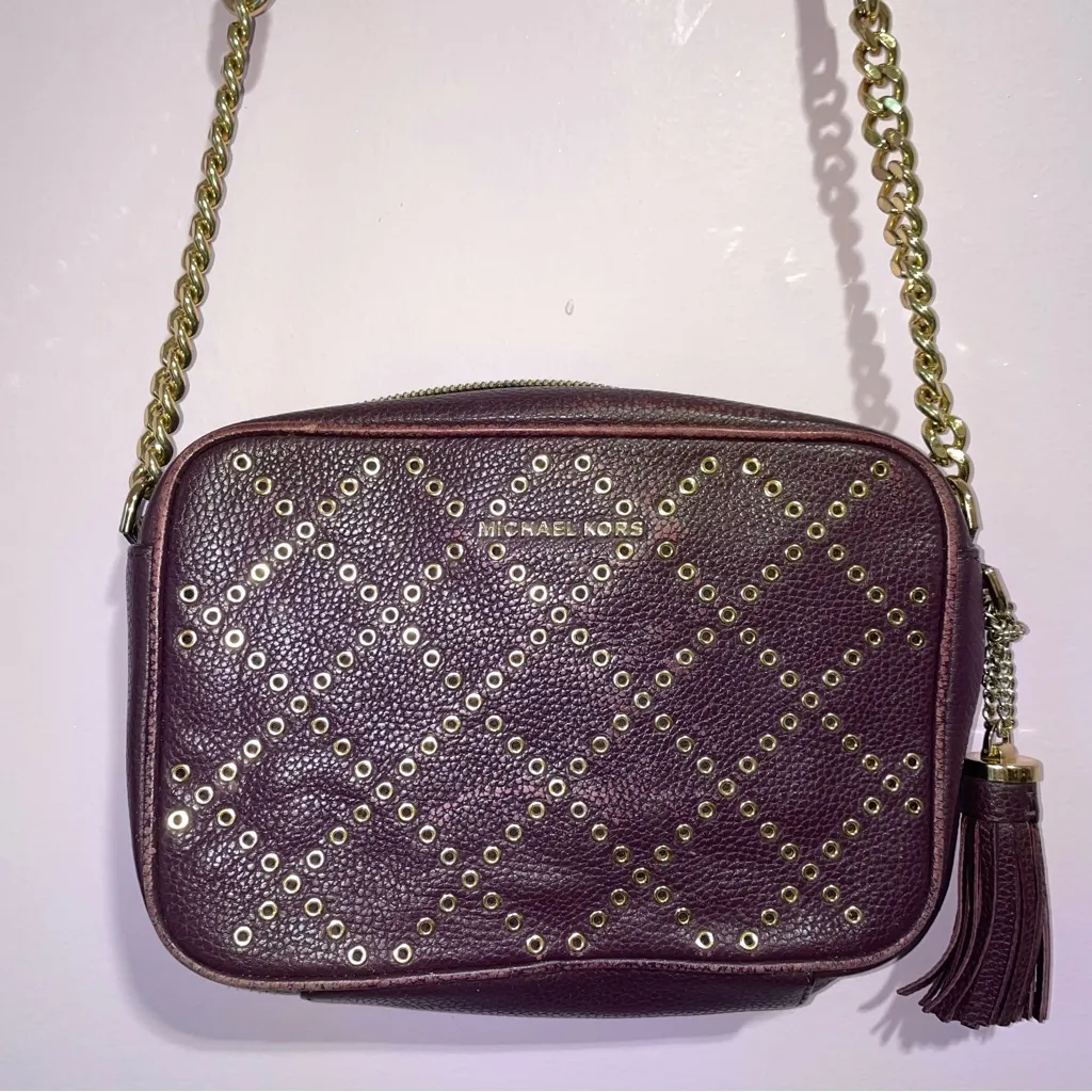 Michael Kors Ginny Grommeted Leather Mini Crossbody Bag Matching Wallet Damson - Image 2