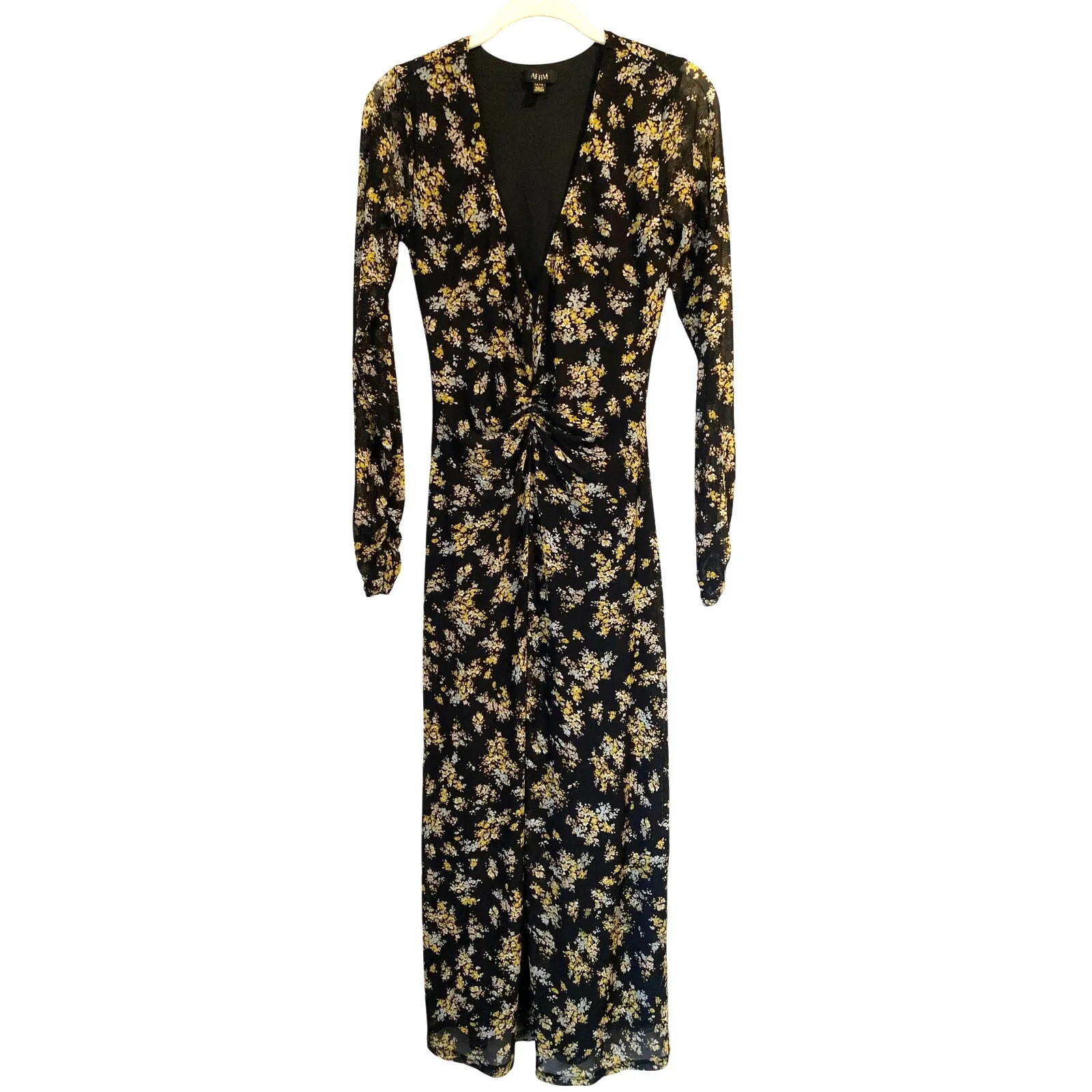 AFRM Tezza Black & Yellow Floral Ruched Mesh Midi Long Sleeves Dress Womens XS - Image 2