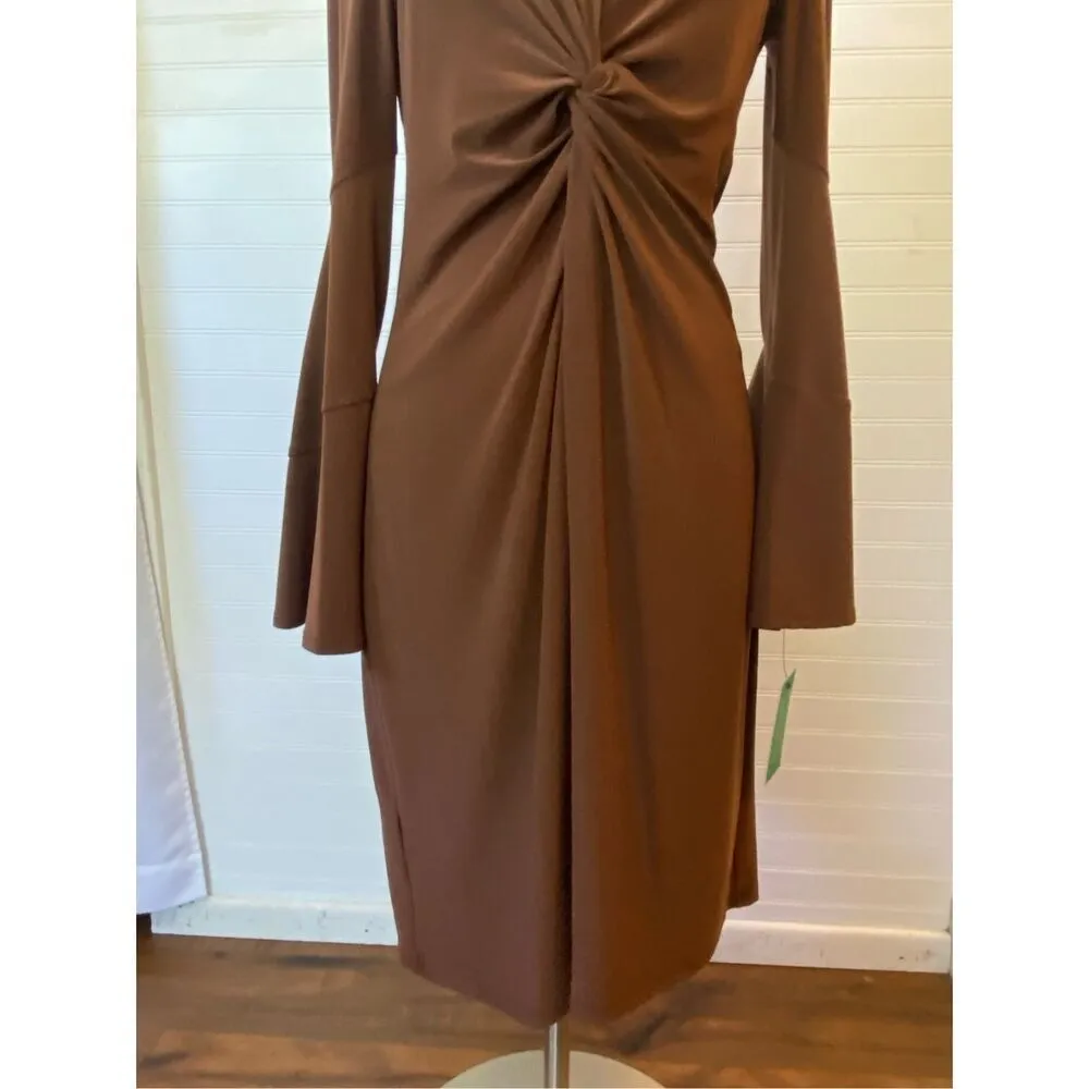 Tommy Hilfiger Brown Bell Sleeve Round Neck With Keyhole Knot Sheath Dress - Image 5