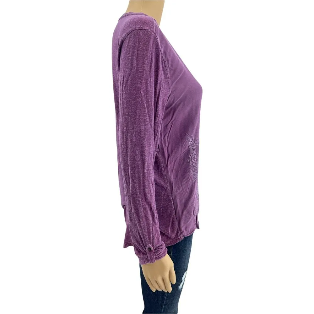 Sonoma (M) Purple Floral Embroidered Roll-Tab Sleeve Henley Tee Shirt - Image 5