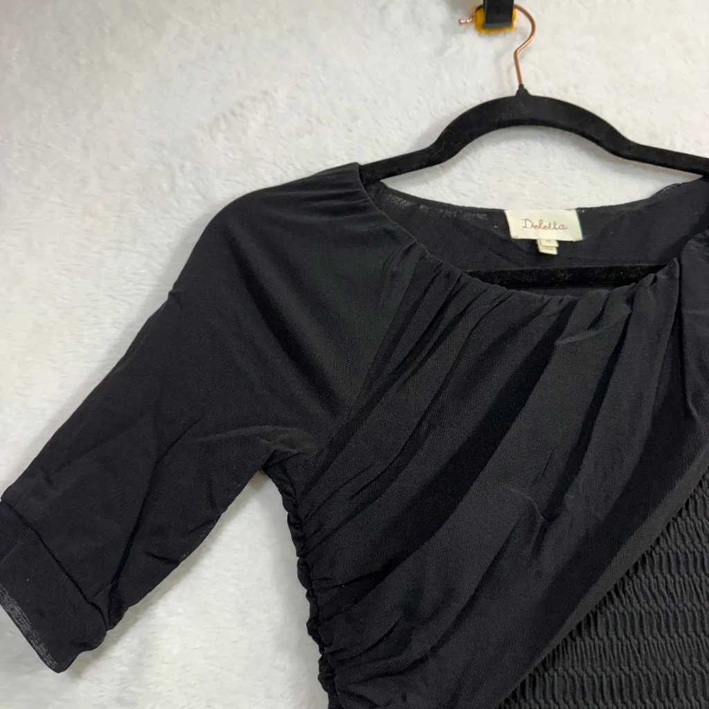 Deletta XS Black Mesh Top Smocked Ruched Bodycon Femme Goth Luxe Romantic Sexy - Image 5