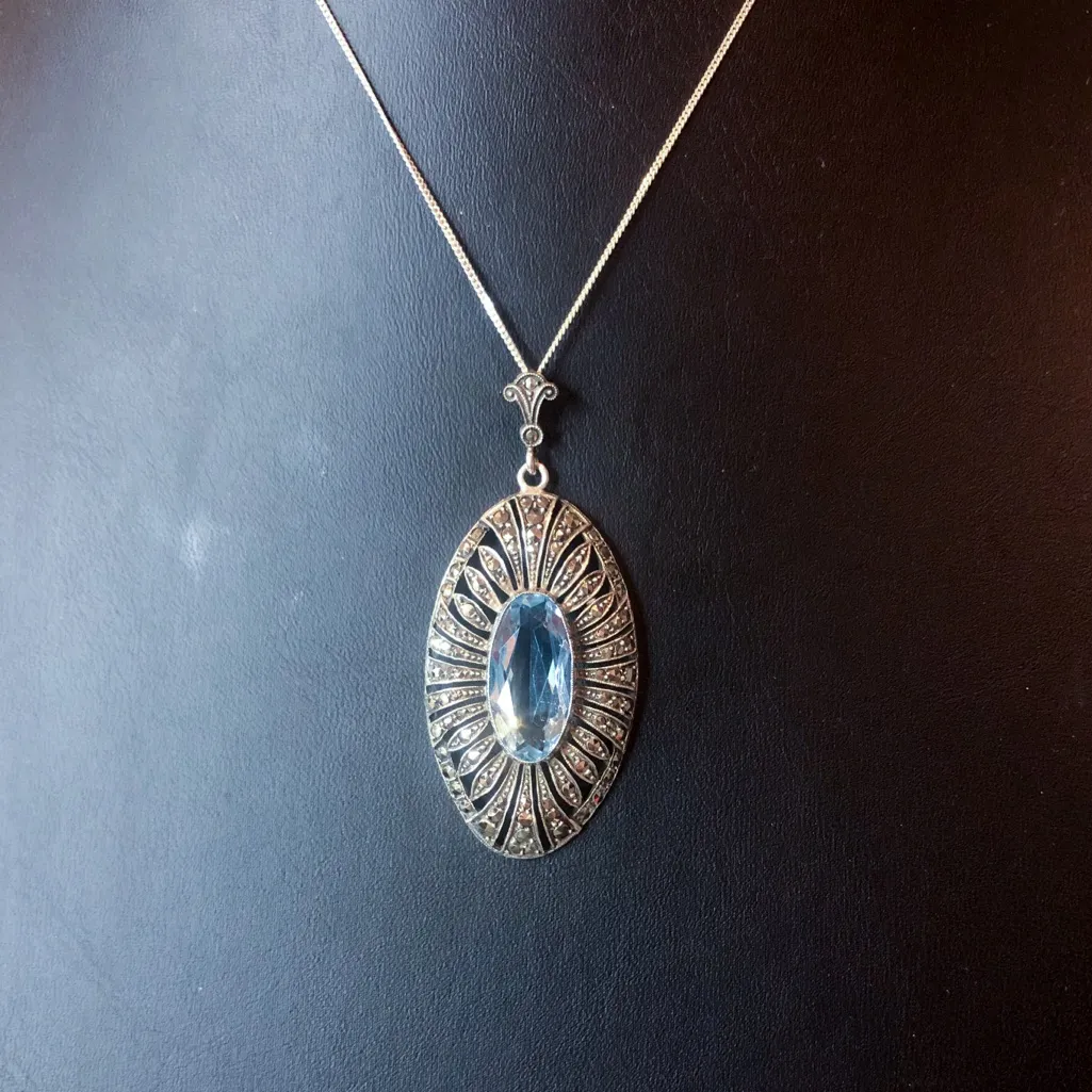 Sterling Silver Necklace with Faceted Blue Topaz and Marcasite Oval Pendant - Image 6