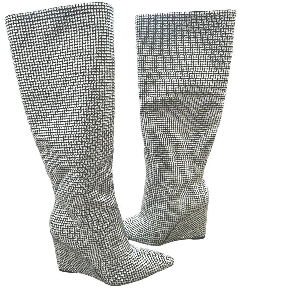 GaborTwo Rhinestone Pointed Toe Tall Wedge Boots size 7.5 - Image 3