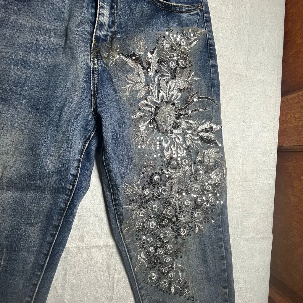 Y2K Blue Skinny Jeans with Intricate Floral Embroidery Size undefined - Image 6