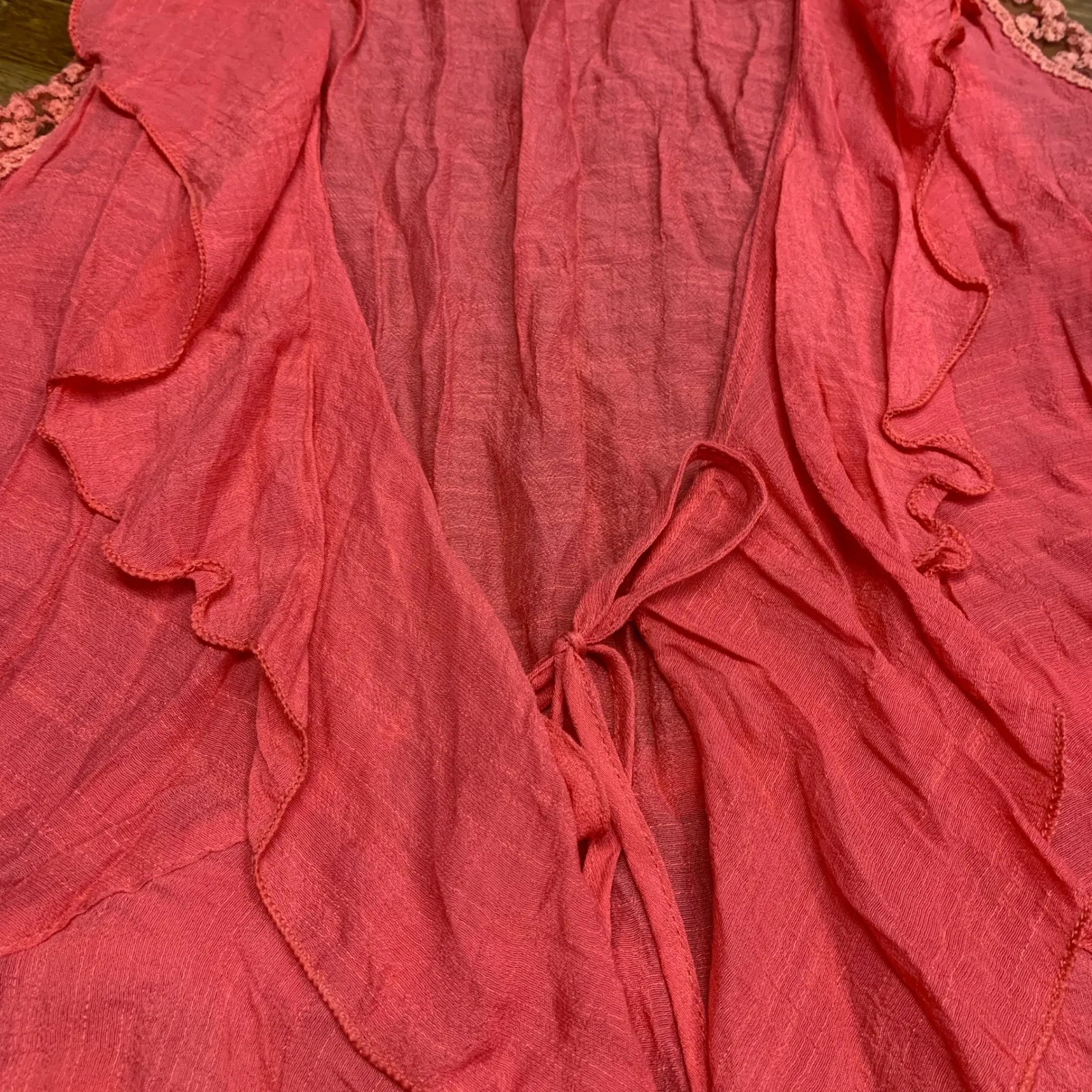 Forgotten Grace Coral Pink Lace Floral Trim Ruffle Vest Plus Size 3X Boho Sheer - Image 3