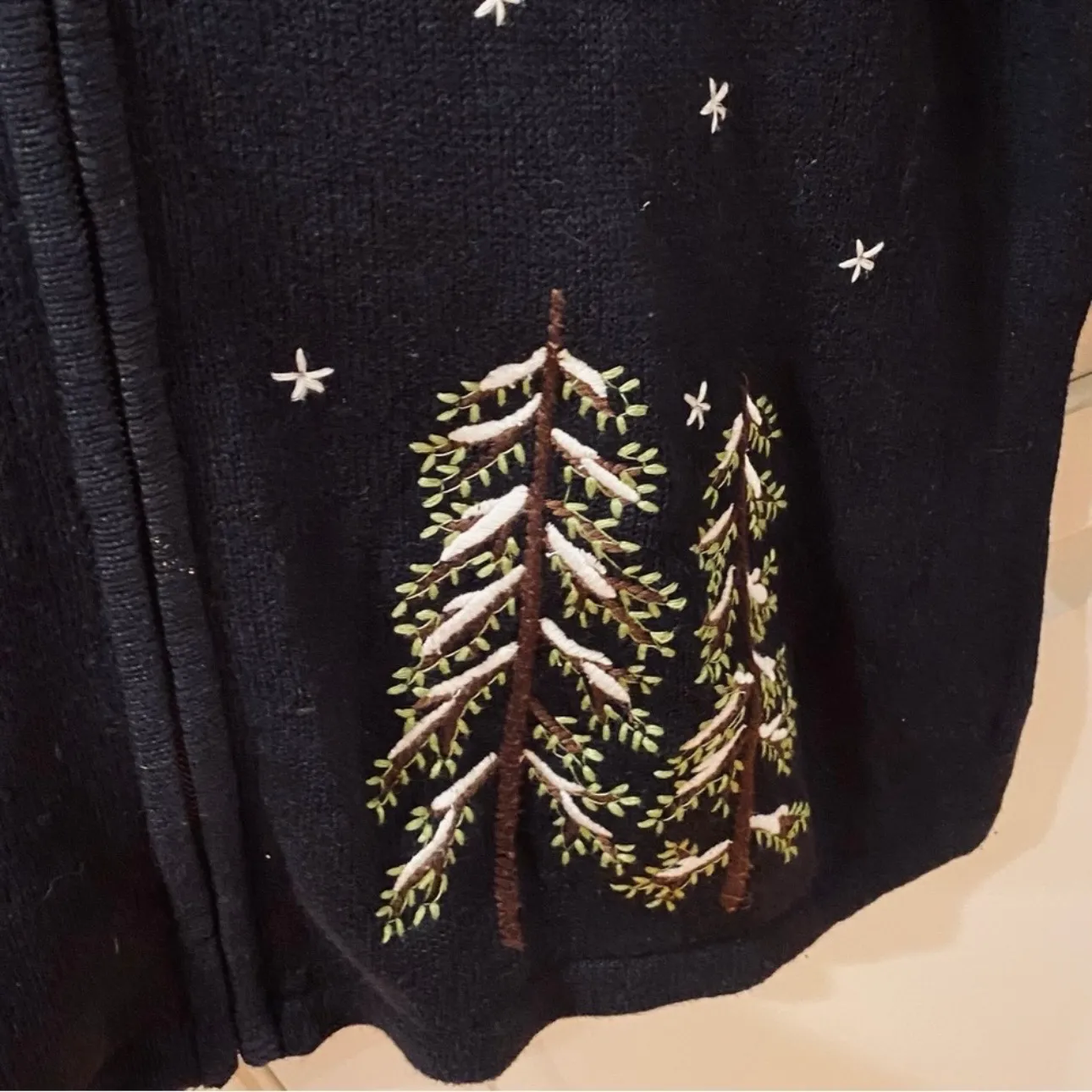 Vintage Christmas Sweater Cardigan Zip Trees 1X Embroidered Black Green - Image 9
