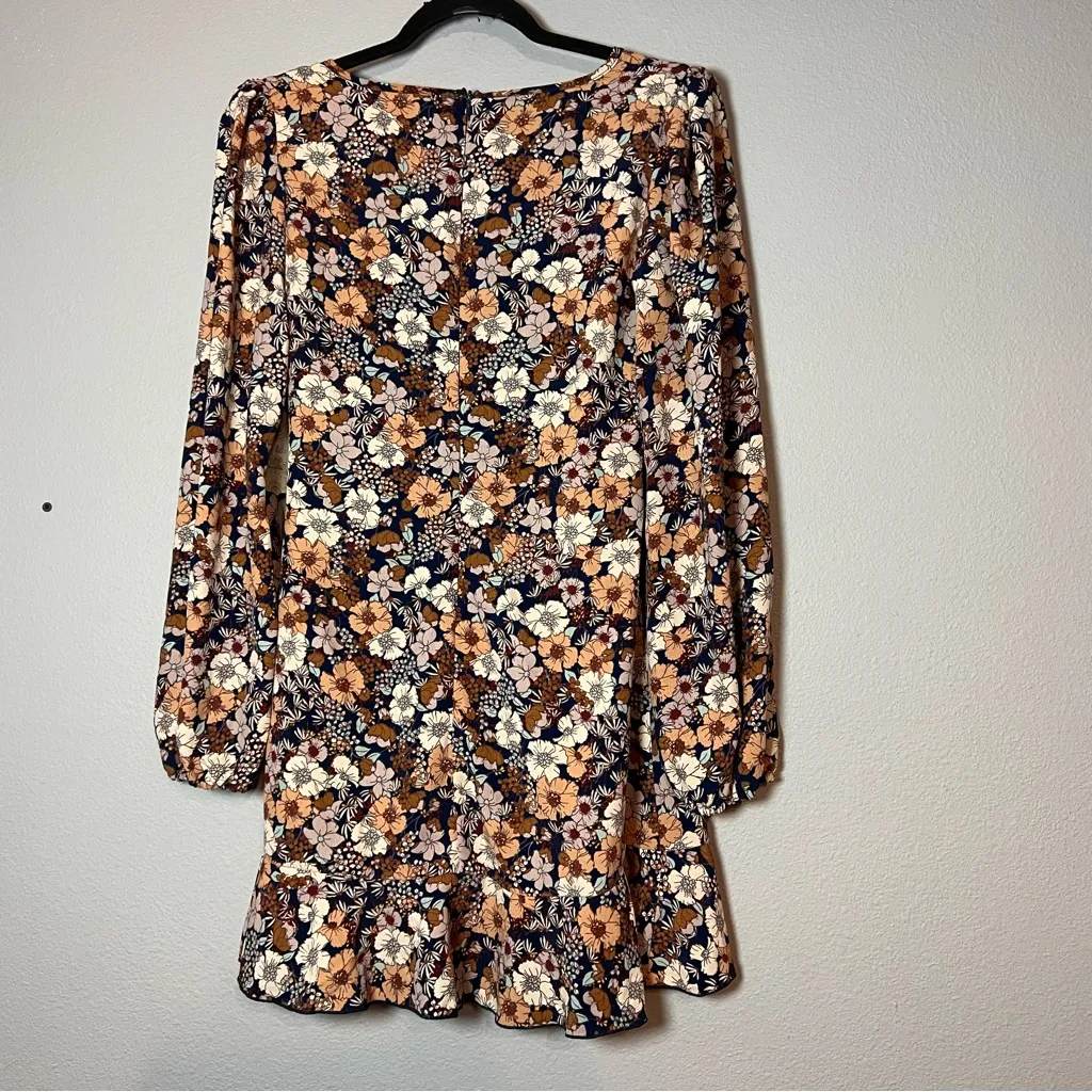 Altar’d State Faux Wrap Mini Dress Floral Brown Orange Long Sleeve Medium NWT - Image 2