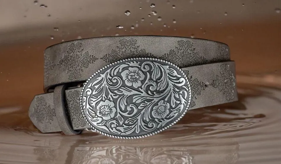 Gray Fashionable Embossed Faux Leather‎ Belt Oval Flower Leaf Buckle Stylish - Image 8