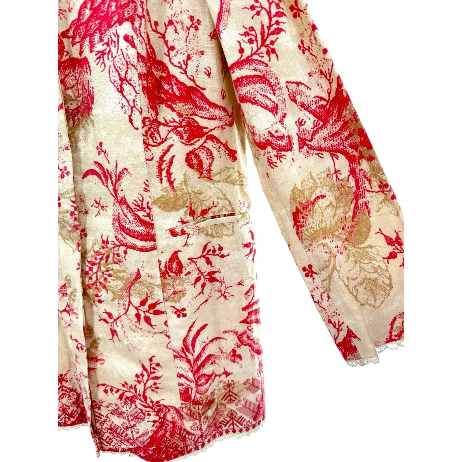 Sigrid Olsen Linen Jacket L Red Beige Bird Butterfly Tapestry Coat Boho Artsy - Image 2
