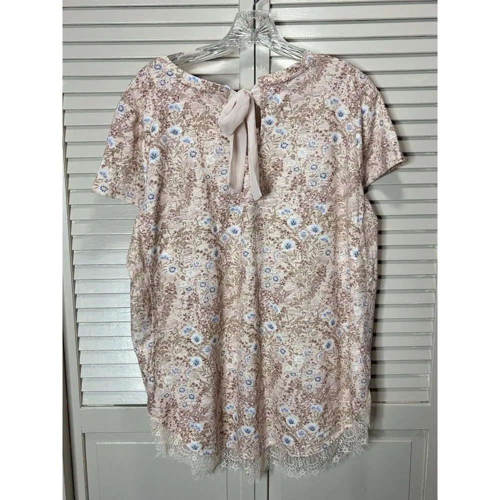 Laura Conrad Tan/Burg Floral Short Sleeve Keyhole Ribbon Blouse Size XL Lace NWT - Image 4