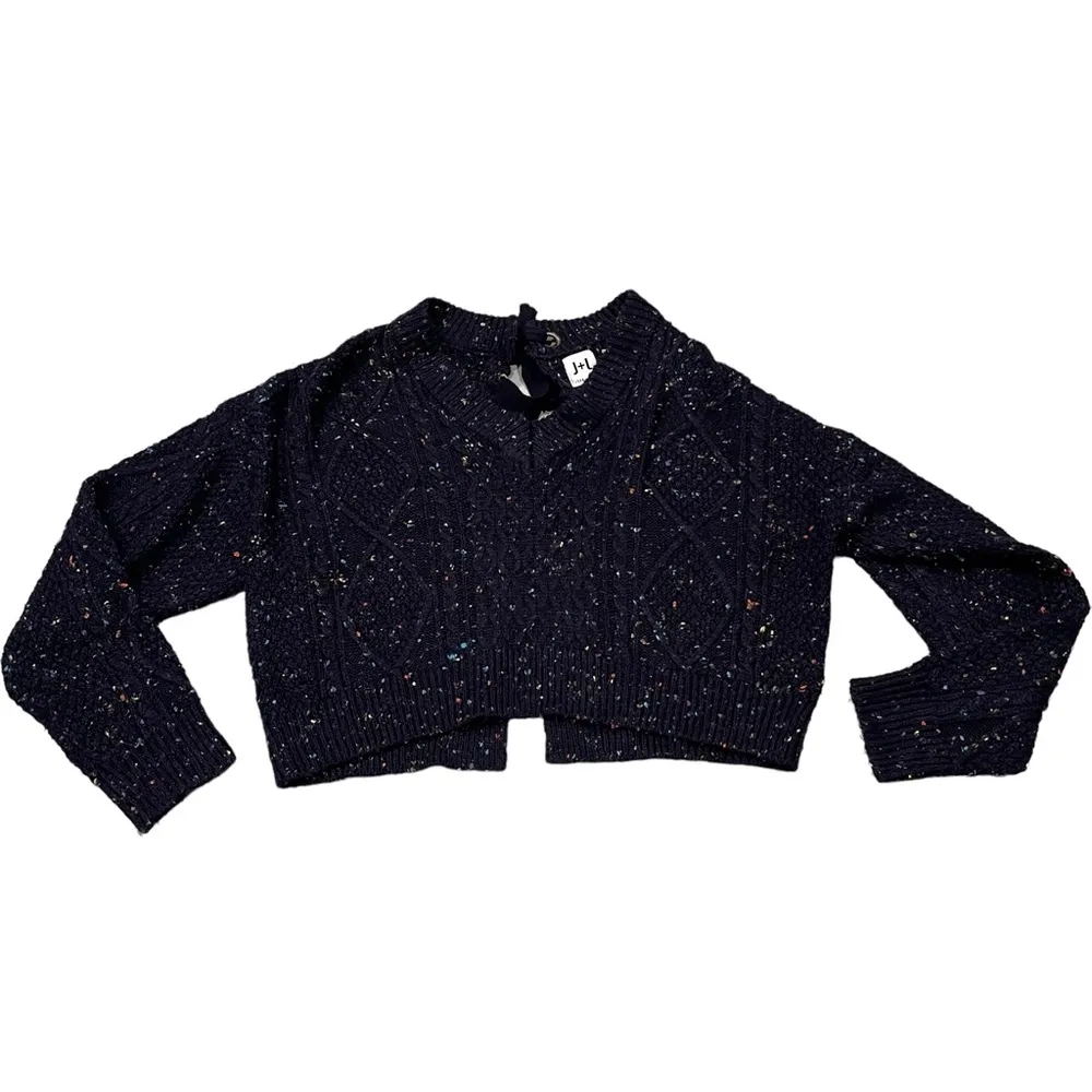John + Jenn Blue Speckled Tie-Back Long Sleeve Cropped Sweater - Image 4