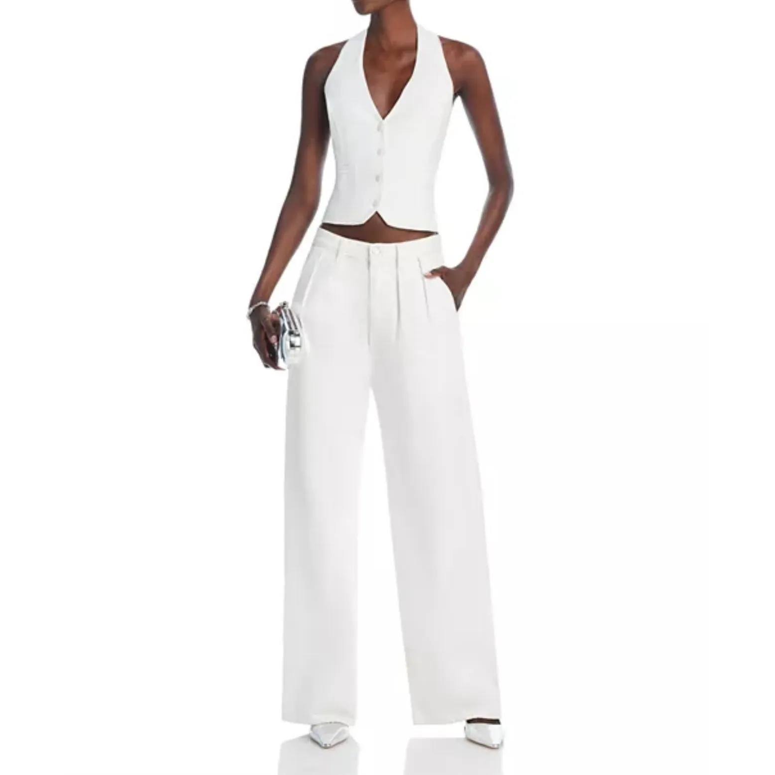 AQUA Women's Halter‎ Vest Top Cropped Fitted White Sleeveless XL - Image 2