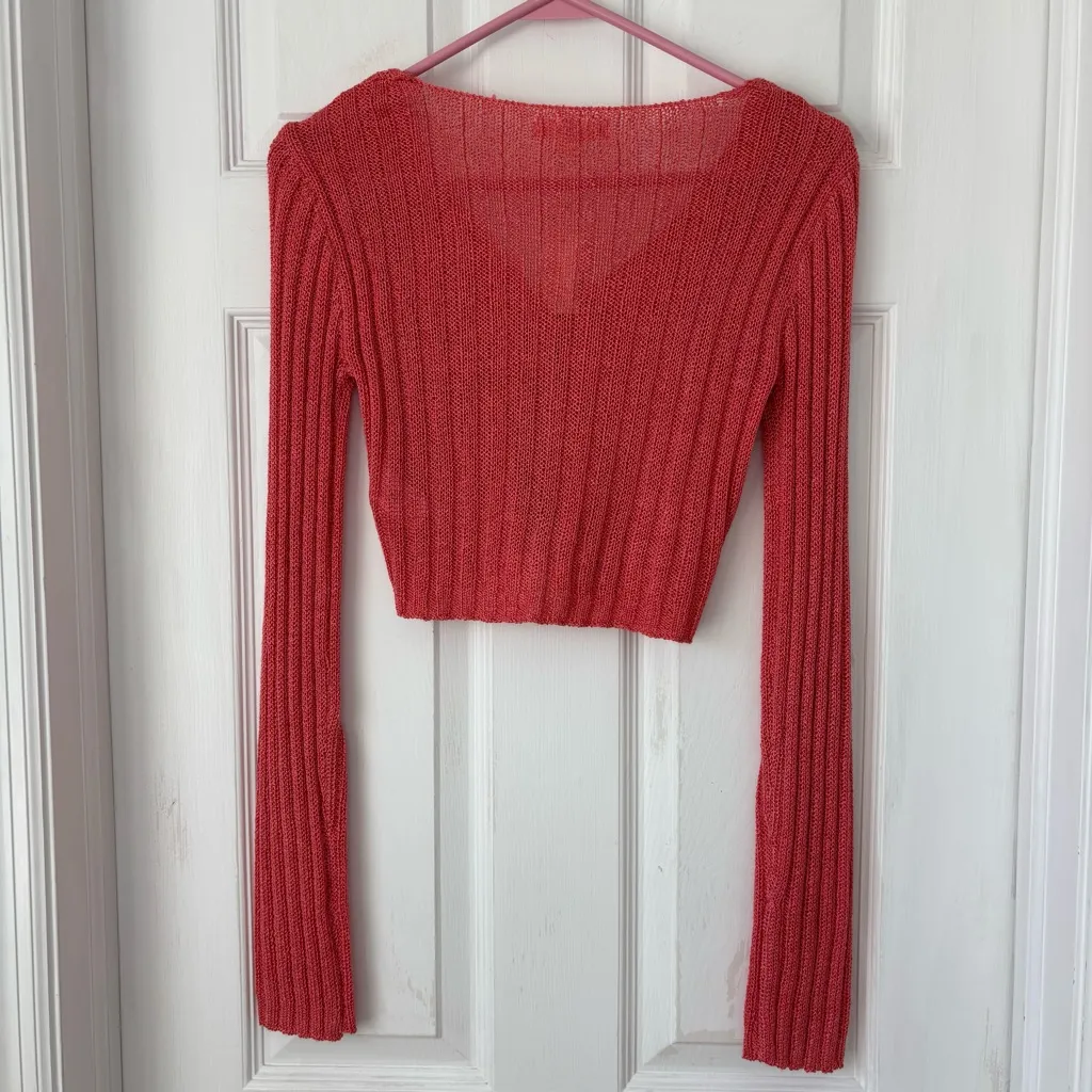 Aeropostale Button-Front Cropped V-Neck Pink Knit Cardigan - Image 4