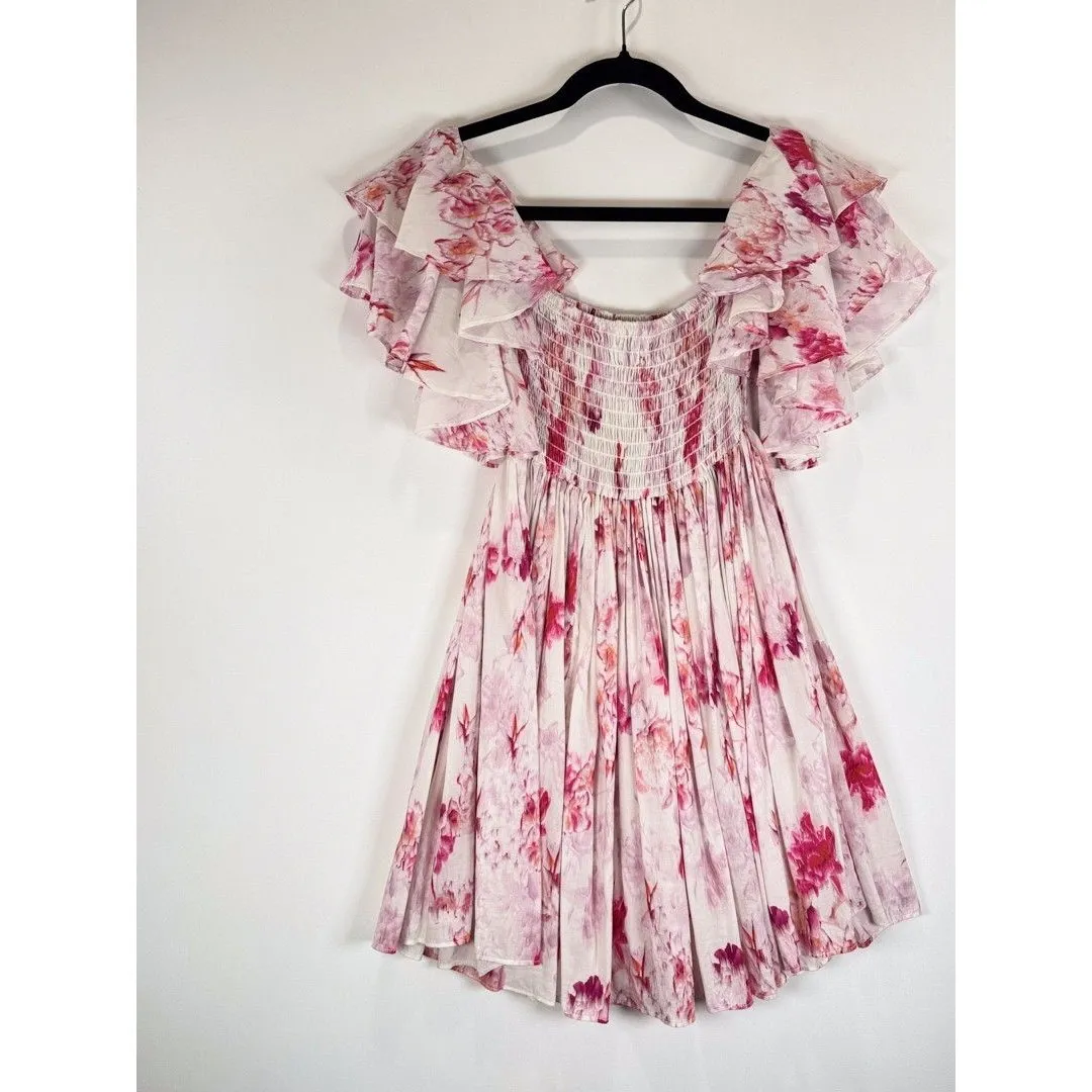 MISA Dress Pink Dina Mini Off Shoulder Smocked Abstract Rose Flowy Coquette XS - Image 5