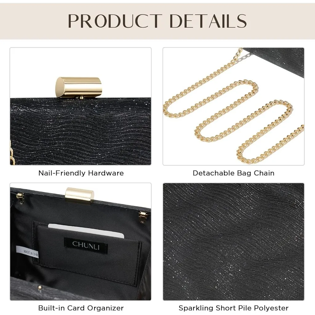 ⚡ Women's Detachable Chain Sparkly Evening Formal Parties Black Clutch Bag - Image 7