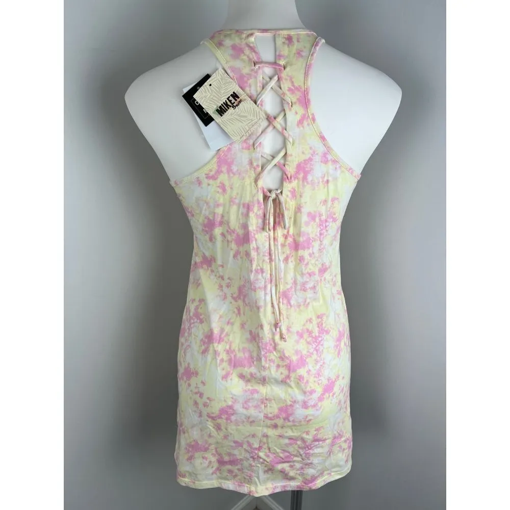 Miken Swim Yellow Pink Tie Dye Gold Beach Print Swim Cover Up Small - Image 5